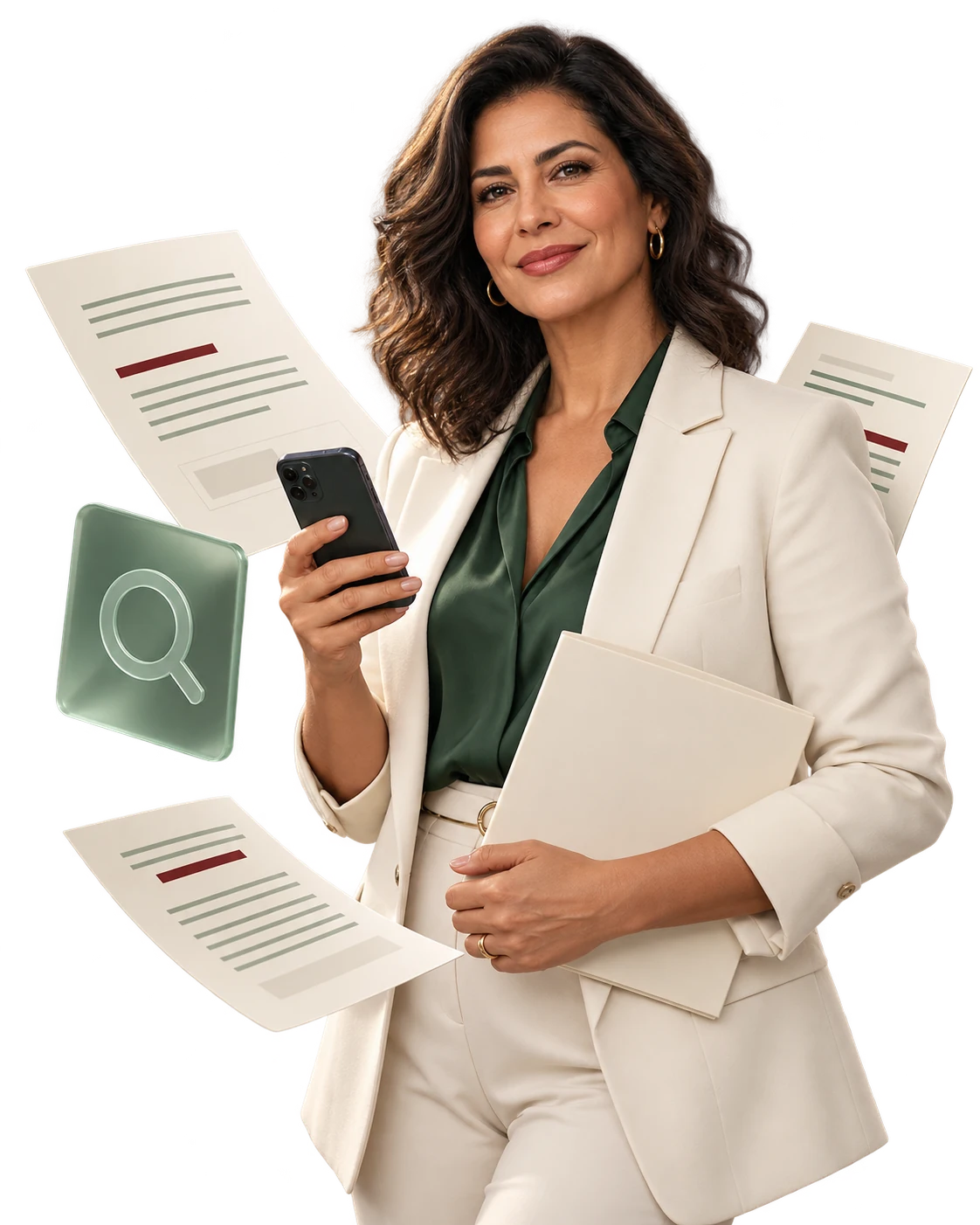 Imagem ilustrativa de uma mulher com celular e documentos de contrato